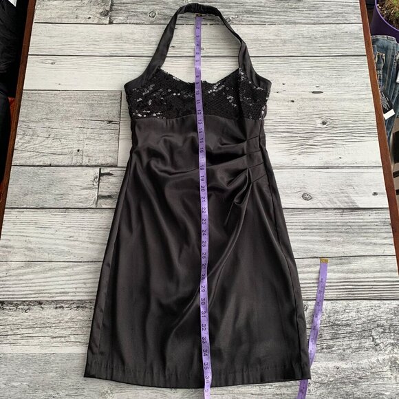 Vintage 90s Y2K B. Smart Black Satin Sparkle Ruched Halter Dress - Picture 13 of 14